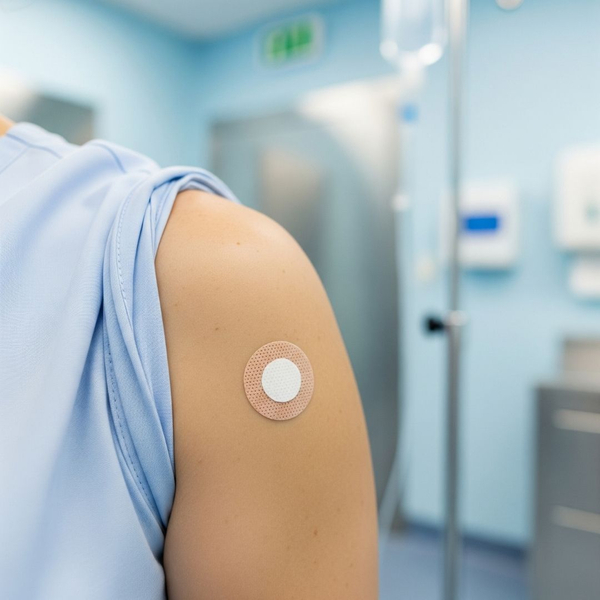 close-up of a person's upper arm with a circular bandage