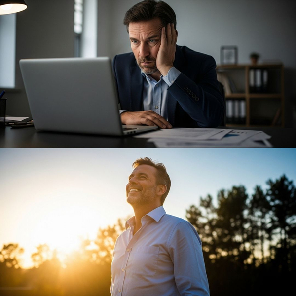 split image showing a person transforming from fatigued at a desk to energized and smilingsplit image showing a person transforming from fatigued at a desk to energized and smiling
