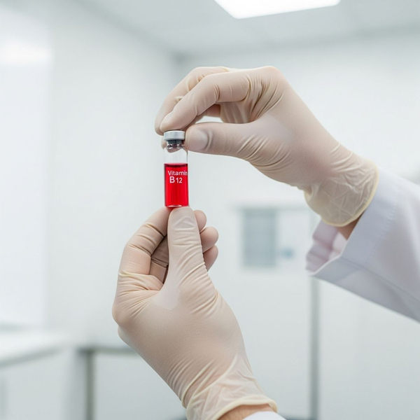 professional's gloved hands holding a vial of red Vitamin B12 professional's gloved hands holding a vial of red Vitamin B12