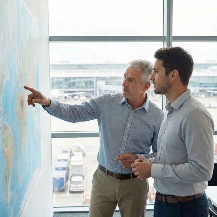 a seasoned professional mentoring a younger colleague, subtly illustrating the transfer of knowledge and experience. Their gesture, pointing at a world map, connects directly to global logistics. The scene is set in an office environment, lending a sense o