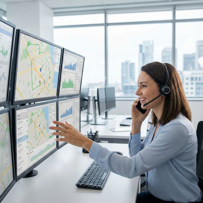 A female logistics manager with a headset smiles while on a call, pointing at a multi-screen display with maps and data in a modern office.