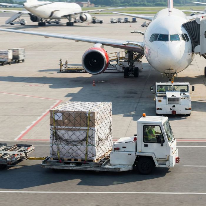 A cargo tug vehicle transports a large, netted pallet of freight across a sunny airport tarmac directly toward a parked commercial airliner prepared for loading.