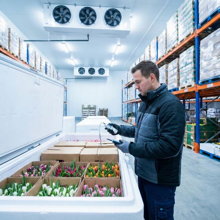 A worker in a cold storage warehouse checks the temperature of fresh tulips inside an open insulated container using a handheld digital device.