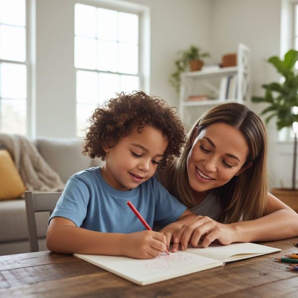 A parent and child drawing together at a table, focused and connected. A parent and child drawing together at a table, focused and connected.
