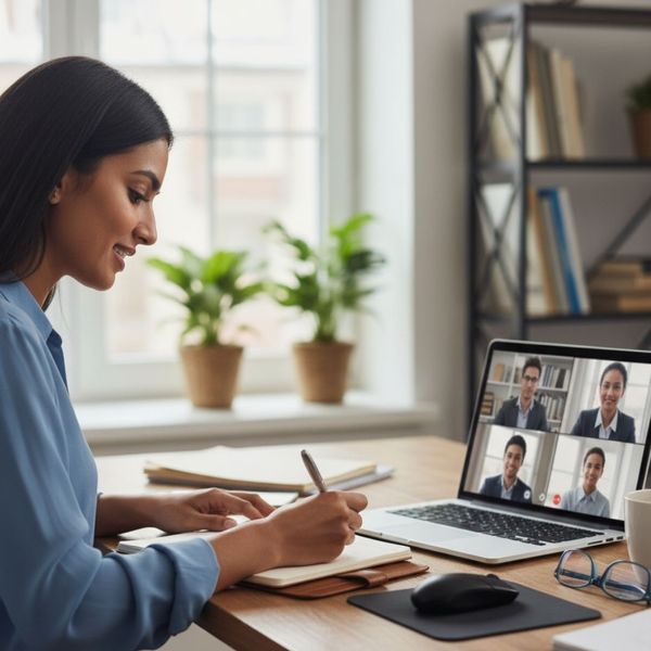 A person taking notes during an online meeting, focus and engaged