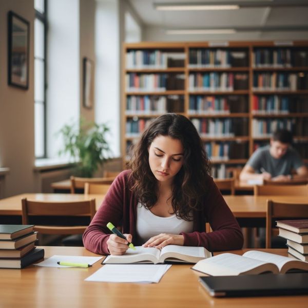 A student in a quiet library studying alone, serious expression
