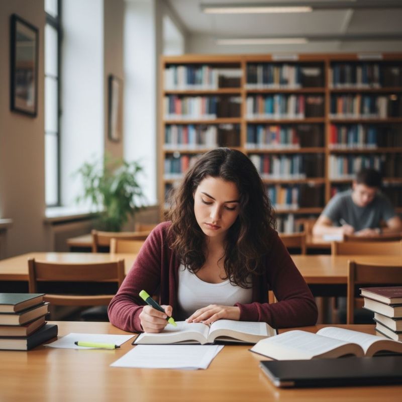 A student in a quiet library studying alone, serious expression A student in a quiet library studying alone, serious expression