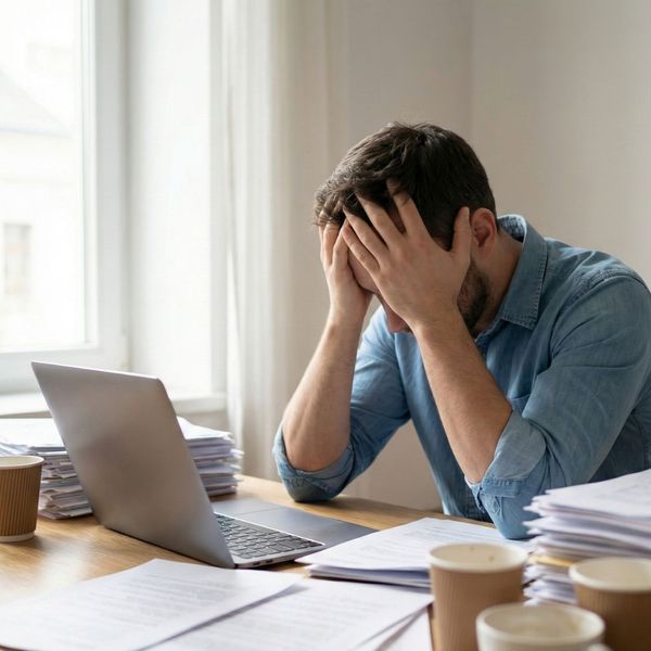 a man sitting at a desk looking overwhelmed and unable to focus