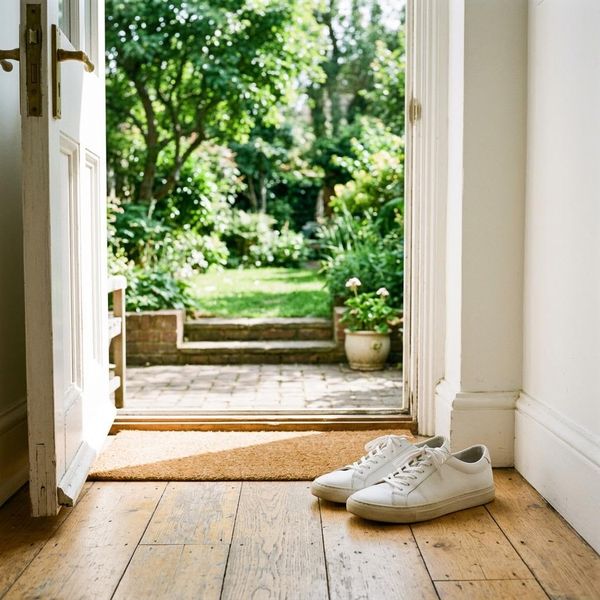 A pair of clean, minimalist sneakers resting by a sunlit open doorway overlooking a green backyard.