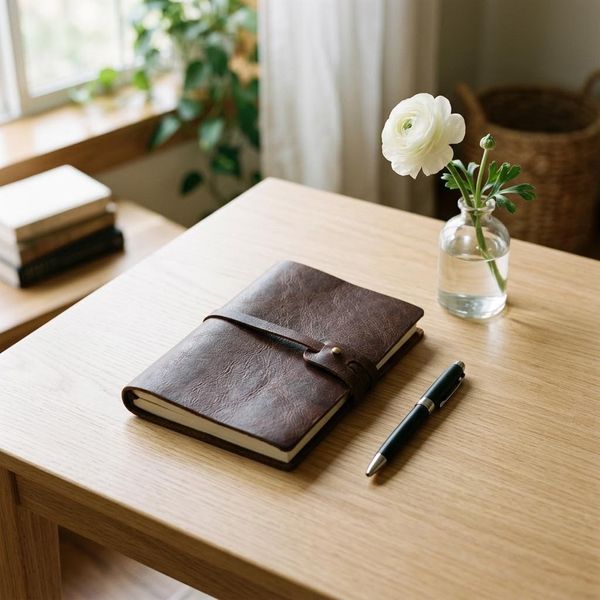 A neatly closed, leather-bound journal with a pen lying parallel on a clean, modern desk beside a small vase with a single blossom.