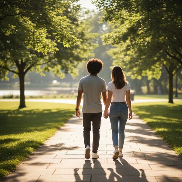 Two people walking together on a park path, seen from behind. Two people walking together on a park path, seen from behind.