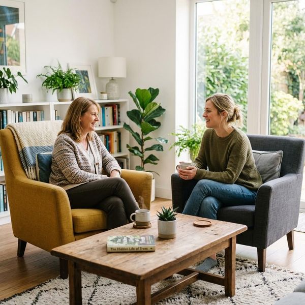 Two people sitting comfortably across from each other in cozy armchairs in a bright, modern living room setting.