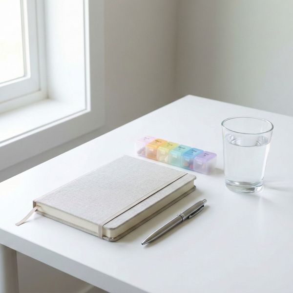 A journal, pen, and a weekly pill organizer neatly arranged on a sunlit table.