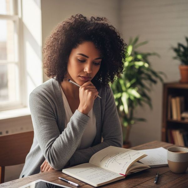 A woman with curly hair is sitting at a wooden table, looking down at an open notebook with diagrams, holding a pen to her chin in thought.
