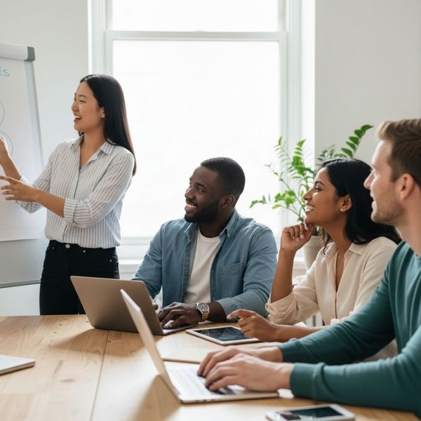 A young woman presents ideas on a whiteboard to a diverse group of smiling colleagues in a bright office.