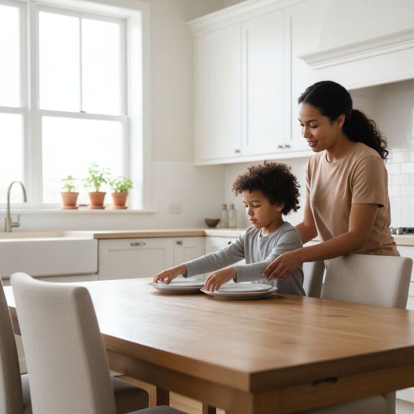 A child setting the dinner table with a parent in a bright kitchen. A child setting the dinner table with a parent in a bright kitchen.
