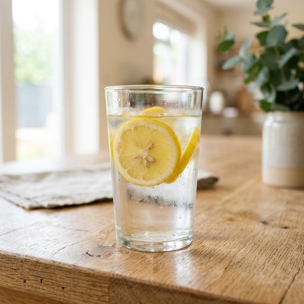 A clean ceramic glass filled with fresh water and lemon slices on an uncluttered wooden surface.