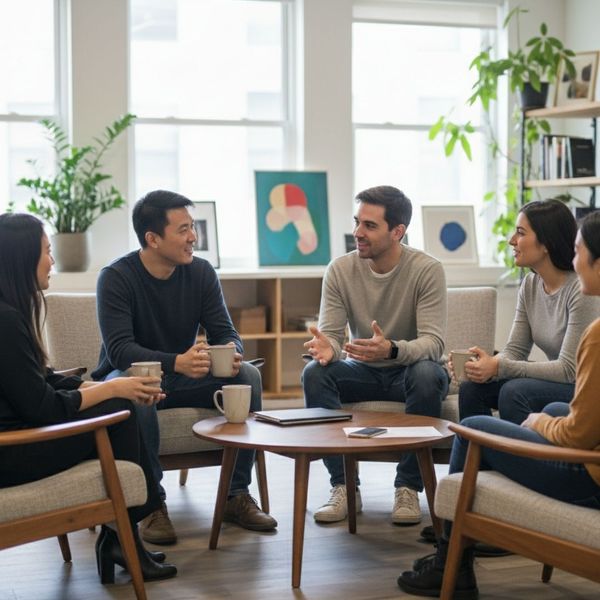 A diverse group of five adults is seated in a semi-circle, holding mugs and engaged in conversation around a small coffee table in a bright, modern office space.