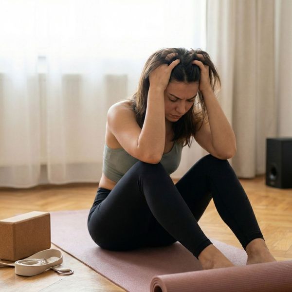 a person sitting on a yoga mat looking frustrated and tired, giving up on meditation