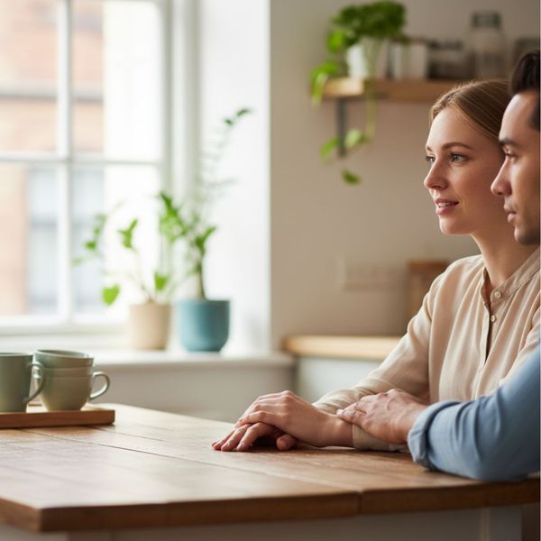 Two people having a serious, compassionate conversation at a kitchen table. Two people having a serious, compassionate conversation at a kitchen table.