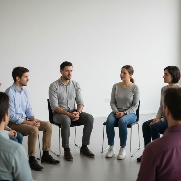 A diverse group of adults participating in a supportive group therapy session