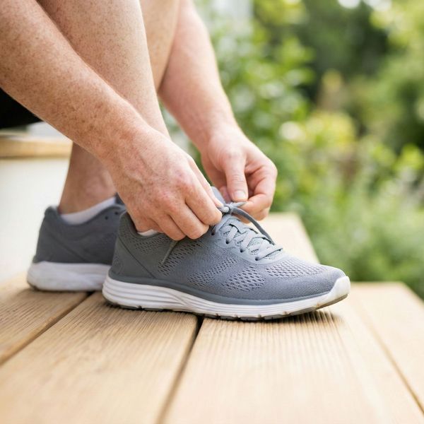 A close-up of hands tying running shoes on outdoor steps.