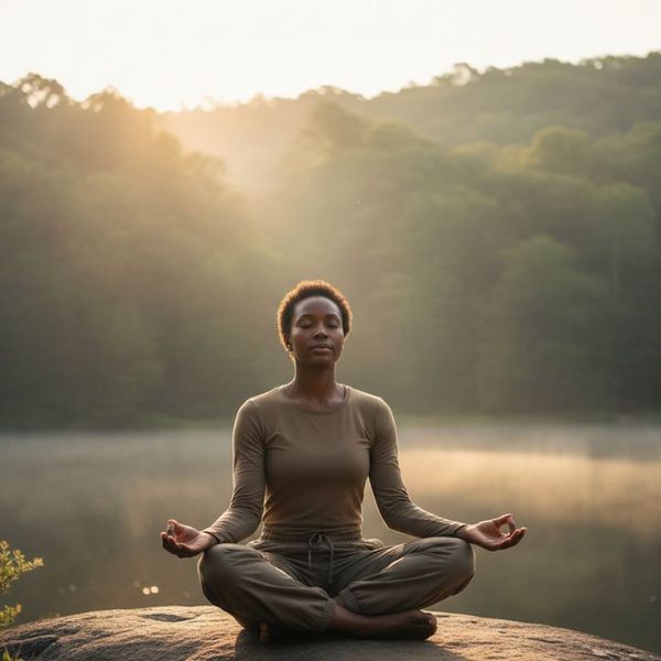 A person sits in a meditative pose on a rock by a tranquil lake at sunrise, surrounded by misty trees.
