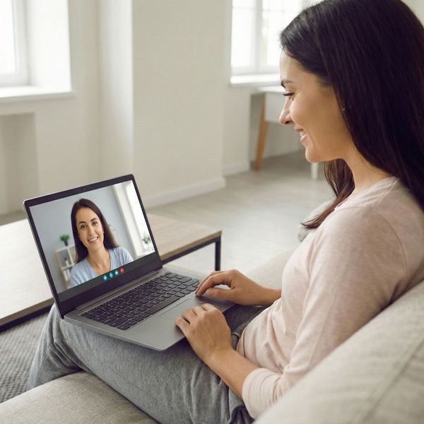 A person participating in a video call on a laptop from a comfortable living room.