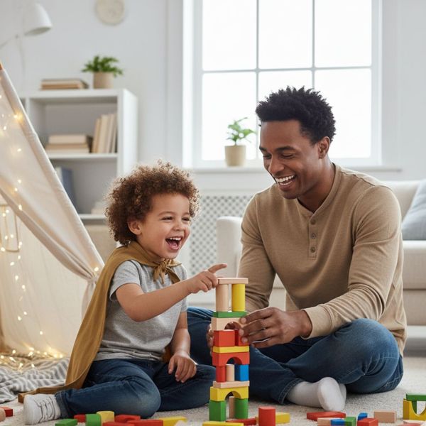 A parent and child joyfully build with blocks together. A parent and child joyfully build with blocks together.
