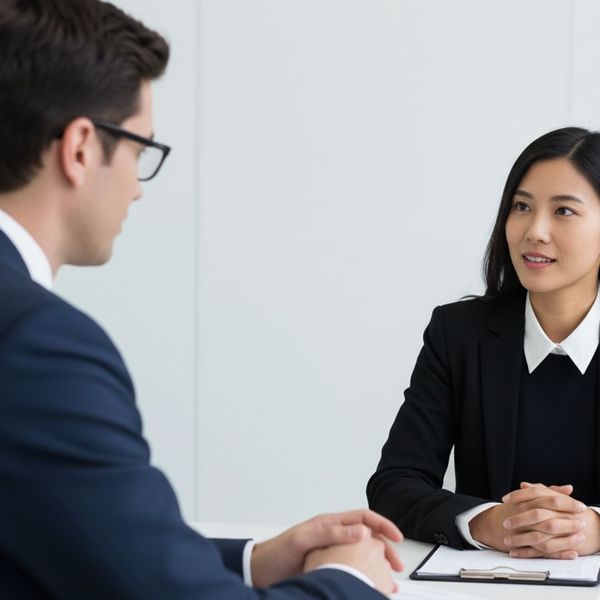A man in a suit listens intently to a woman in professional attire as they have a focused conversation at a table.