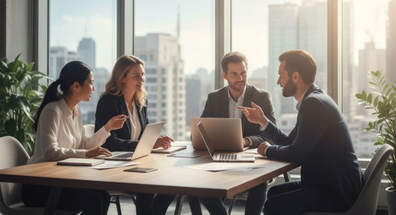 A diverse group of adults collaborating intently in a modern, sunlit office space, diverse and natural A diverse group of adults collaborating intently in a modern, sunlit office space, diverse and natural