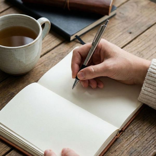 Hands are shown journaling in a notebook at a wooden desk with a cup of tea.