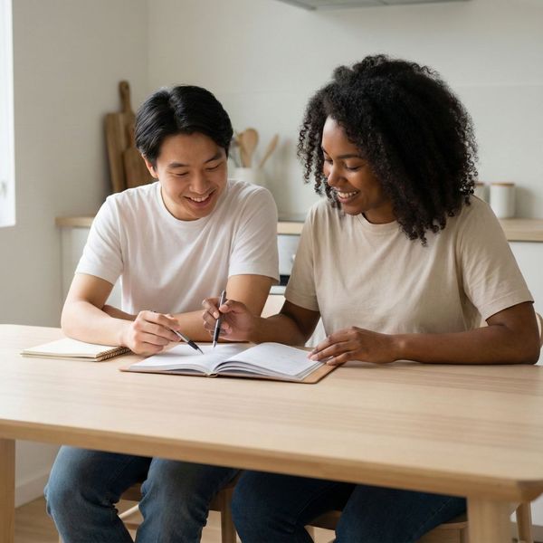 Two people collaborating over an open planner at a table.