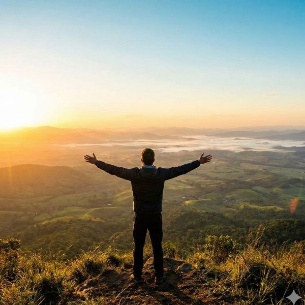A person stands on a hill at sunrise with arms outstretched, looking at a beautiful view.