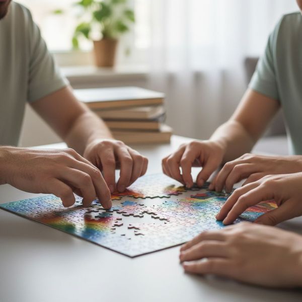 Close-up of three hands working together on a jigsaw puzzle. Close-up of three hands working together on a jigsaw puzzle.