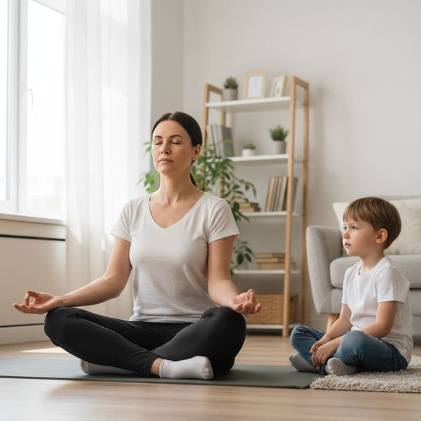 A calm adult meditates while a child observes quietly. A calm adult meditates while a child observes quietly.