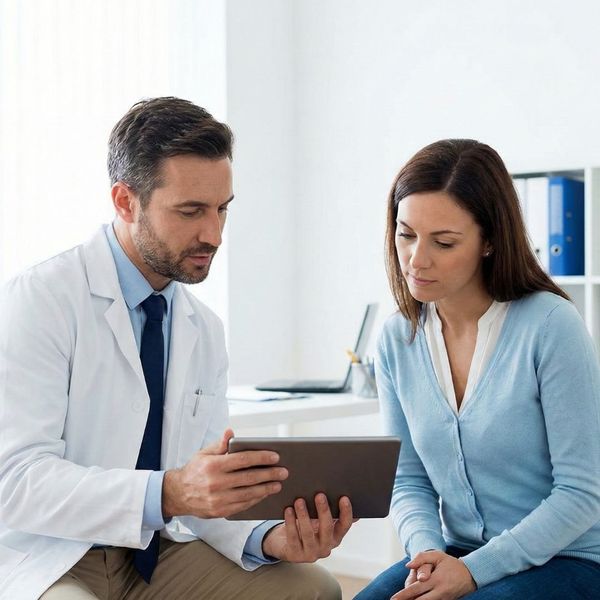 A male psychiatrist and a female patient review information on a tablet in a modern clinic.