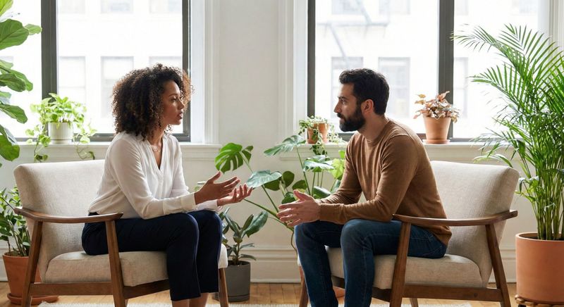 A diverse therapist and client are deep in conversation in a sunlit, plant-filled office.