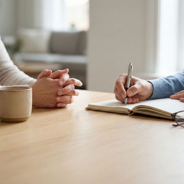 Close-up view of hands, a journal, and a mug on a table during a collaborative discussion.