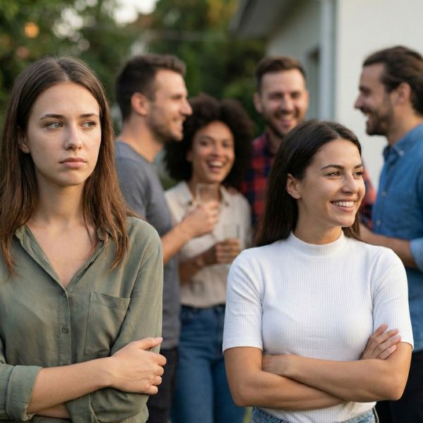 a person standing slightly apart from a group at a social gathering looking isolated and hesitant