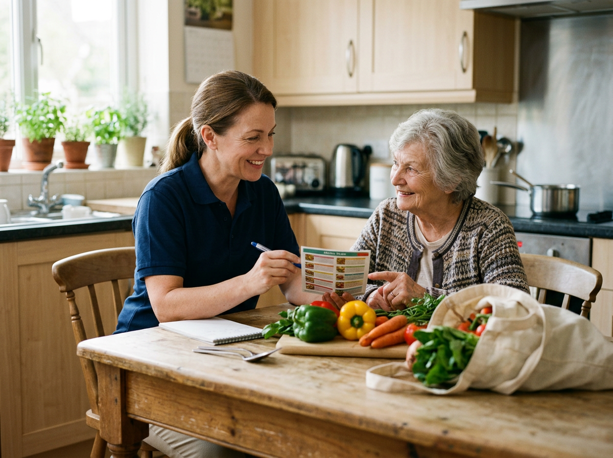 A smiling caregiver and an elderly woman sit at a kitchen table, discussing a document with fresh vegetables nearby. Caregiver and Senior Woman Discussing Meal Plan with Fresh Groceries