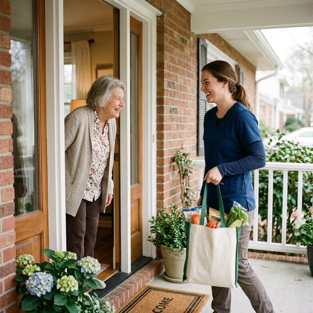 A senior greeting an aid at the door who has just arrived holding a bag of groceries Grocery Shopping
