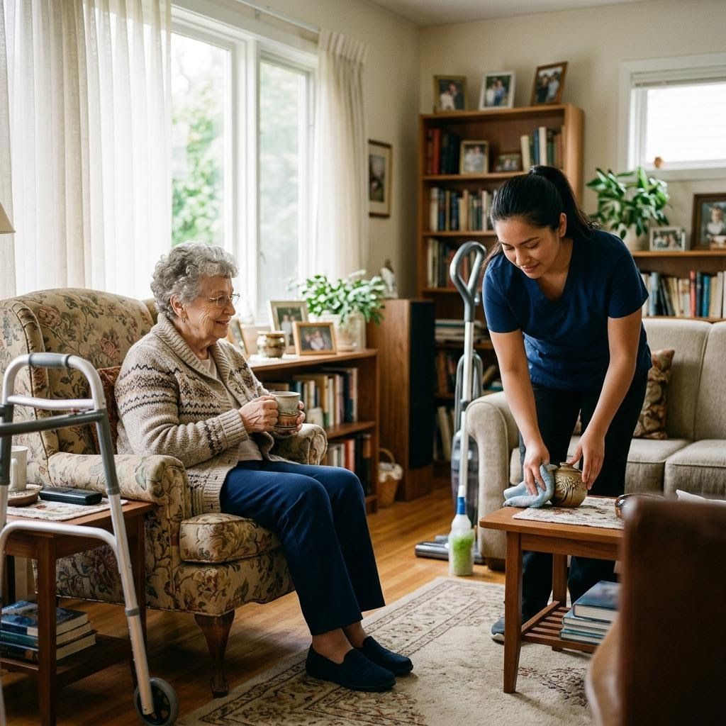 A senior sitting in a chair with a cup of coffee while an aid cleans around the house General Cleaning
