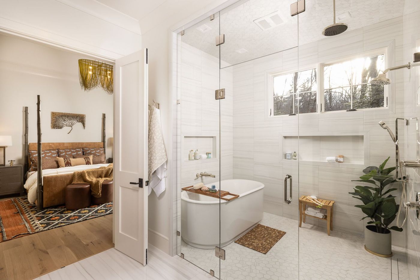 Bathtub in shower connected to bedroom