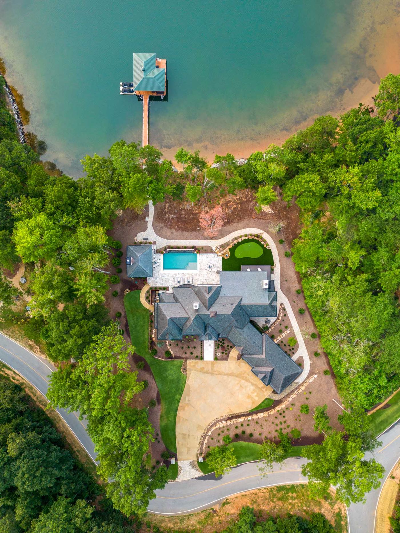 arial drone view of property on the water 