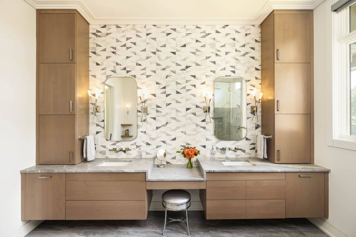 vanity with electric wallpaper 