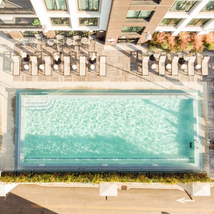 Aerial view of pool with surrounding seating