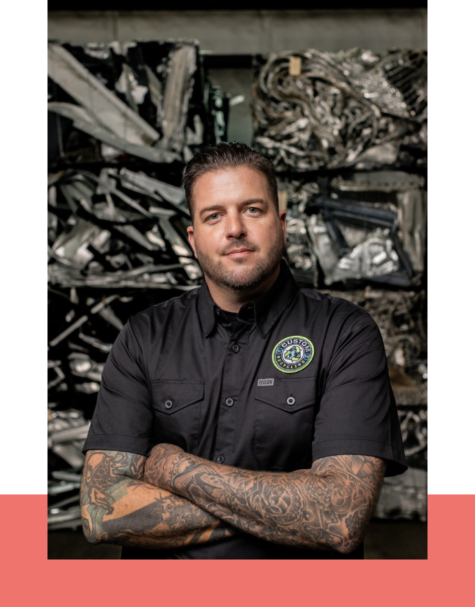 recycling business headshot with metal in the background