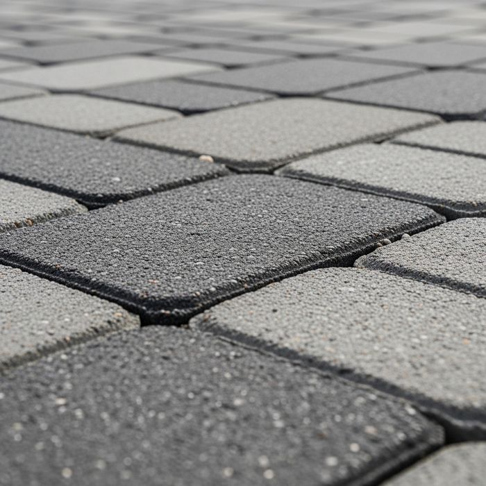 A close-up photograph of heavy-duty, thick interlocking concrete pavers forming a solid, durable surface. A close-up detail of thick, interlocking grey concrete pavers.
