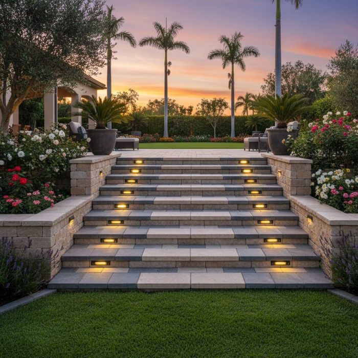 Wide, elegant paver steps leading from a patio down to a grassy lawn area.